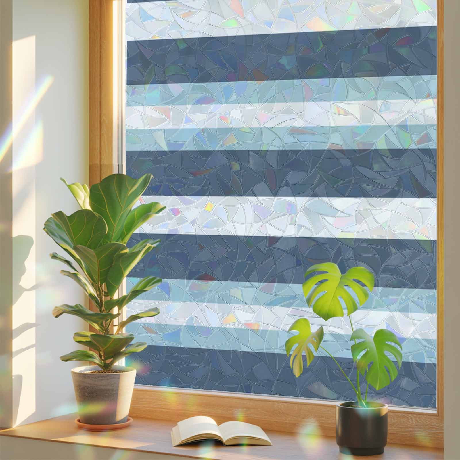 Blue Striped Window Privacy Film Rainbow Static Cling Stain Glass Window Film for Glass Door, Decorative Sunroof Decal Sticker for Car Bathroom 23.6"x59" Modern Gradient Abstract Lines Aesthetic