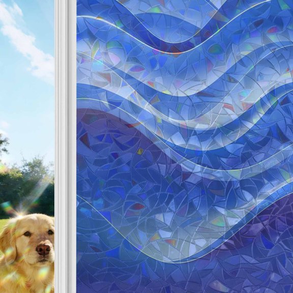 Blue Striped Window Privacy Film Stain Glass,Reusable Decorative Rainbow Window Film,Modern Abstract Art Wave Moire Gradient Static Cling Sun Blocking Stickers Decals Covers 23.6" x 59" (2pcs)