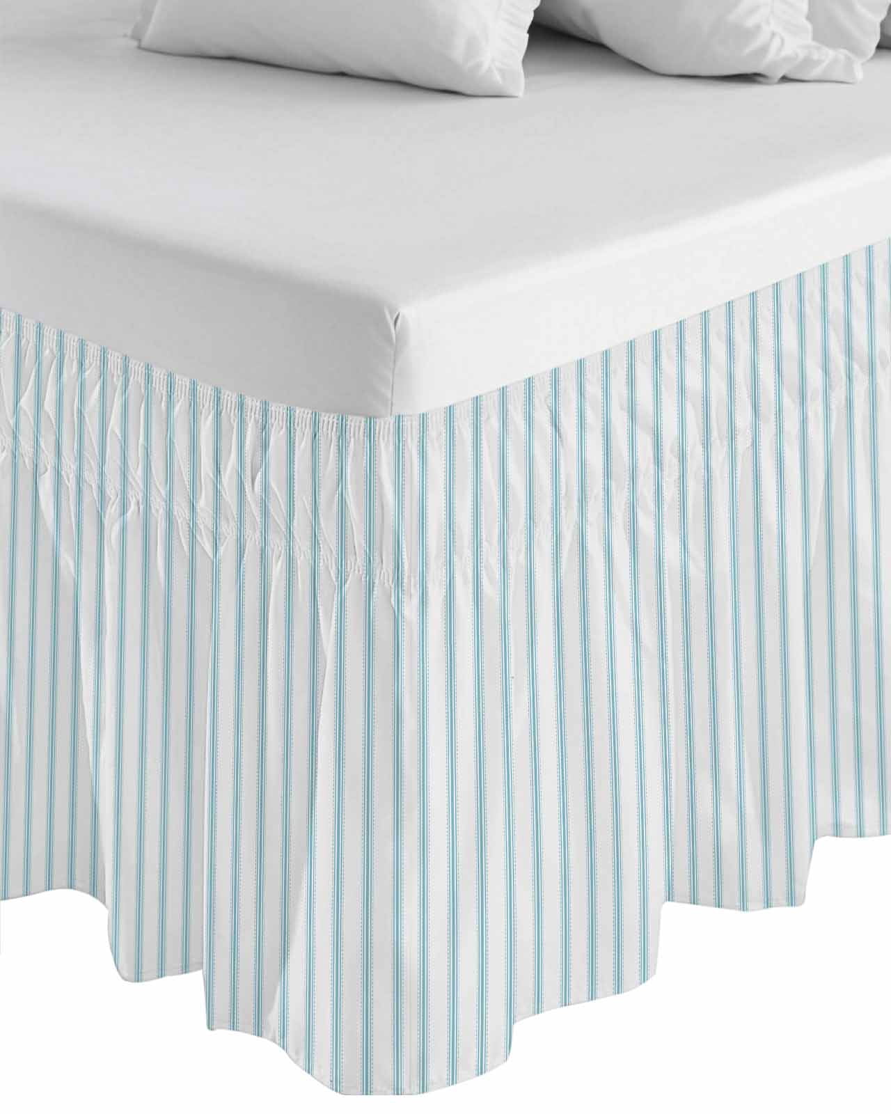 Blue Striped Wrap Around Bed Skirts for California King Bed 18" Drop,Bed Skirt with Adjustable Elastic Belt Dust Ruffle Bed Valance for Bedroom Hotel Blue White Stripes Farmhouse Bed Frame Cover