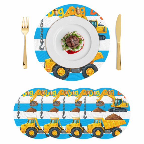 Blue Striped Yellow Truck Round 13 Inch Placemats Set of 4, Farmhouse Stripes Modern Art HeatResistant Non Slip Place Mats for Dining Table, Wipeable Braided Kitchen Table Mats for Housewarming