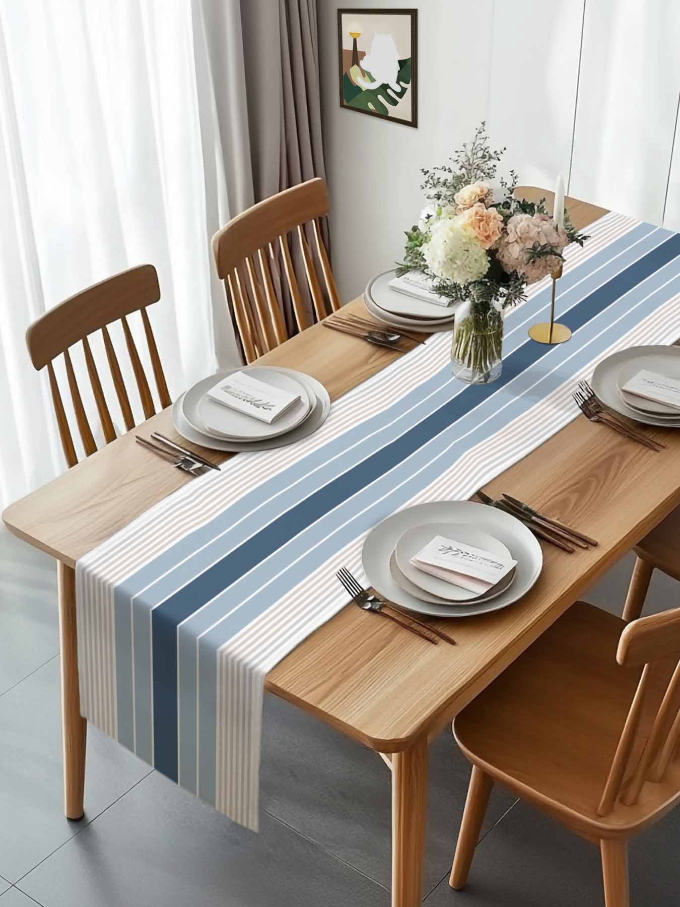 Blue Stripes Abstract Geometric Table Runner 90 Inches Long, Minimalist Style Table Runners Tabletop Scarf Kitchen Dining Tables Decoration for Home Party Indoor Outdoor