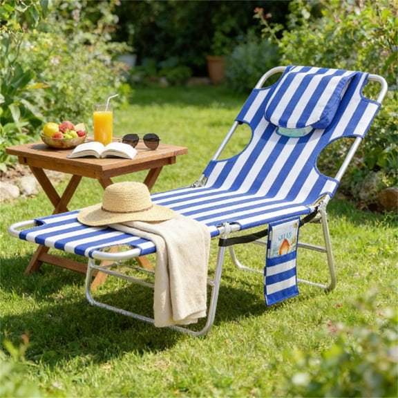 Blue Stripes Adjustable Sunbathing Chair, Foldable Outdoor Lounge Chair with Oxford Fabric & Steel Frame  RLB