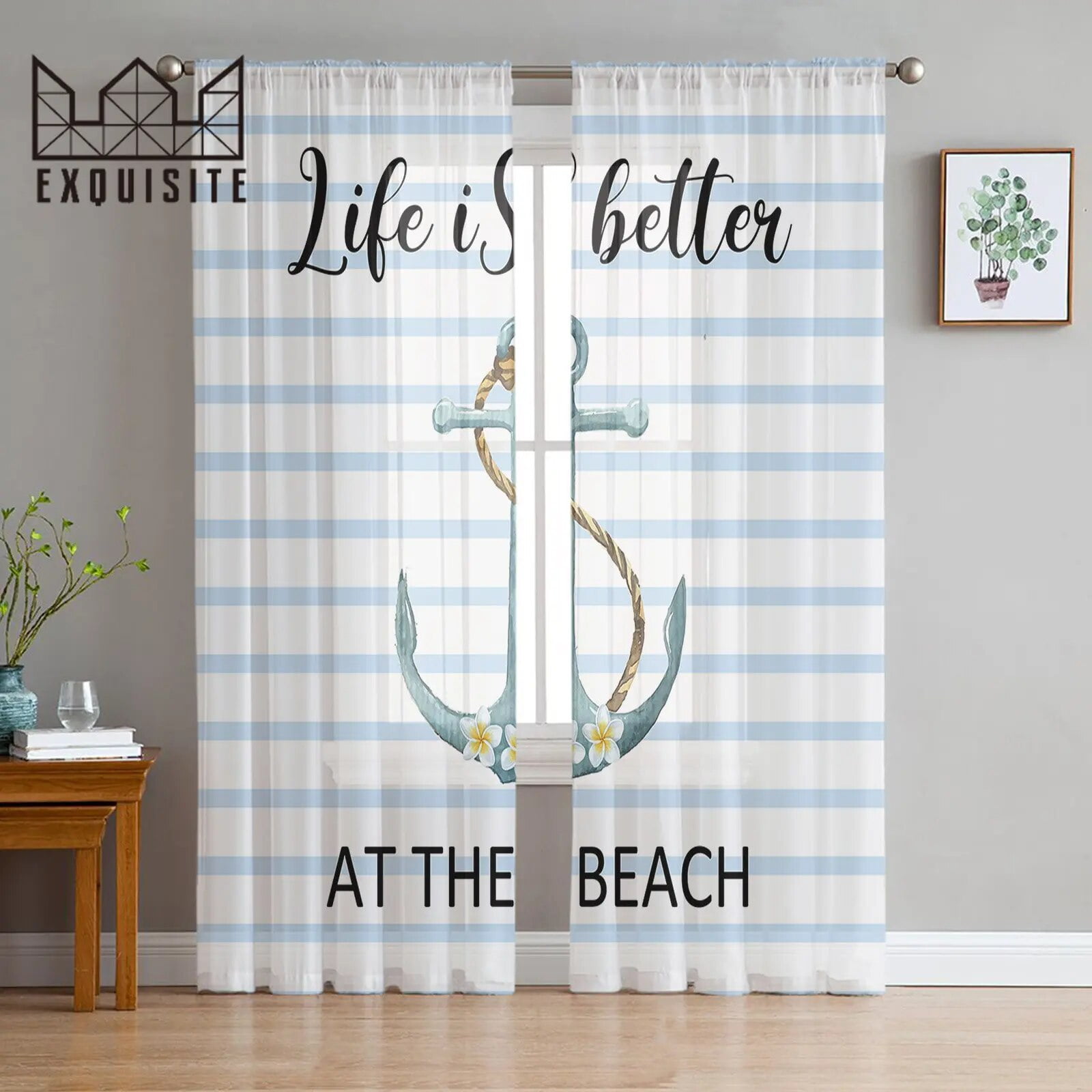 Blue Stripes Anchor Frangipani Tulle Curtain for Living Room Balcony r