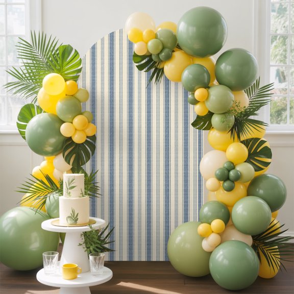Blue Stripes Arch Backdrop Cover, 4FT, Denim Blue Beige Parallel Bands Farmhouse Spandex Arch Covers Double-Sided Backdrop for Wedding Birthday Party Photo Background Decoration