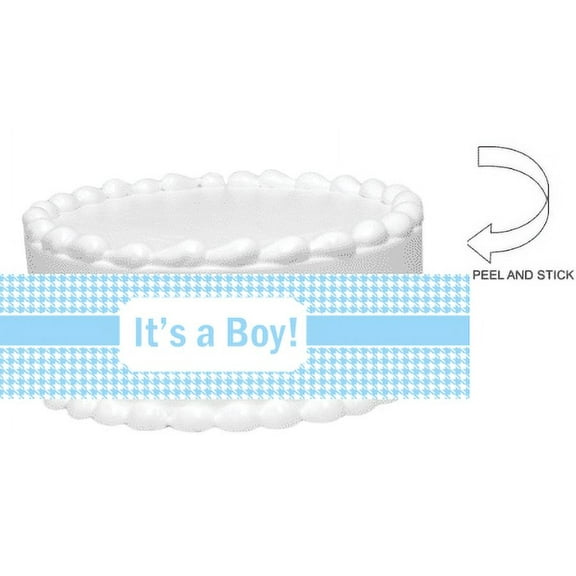Blue Houndstooth Baby Shower Baby Boy Peel and Stick Edible Cake Decoration Image Wrap Ribbon