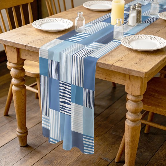 Blue Stripes Blocks 4.5ft Cheesecloth Table Runner for Wedding 19"x55", Abstract Coastal Patchwork Ticking Stripes Kitchen Dinner Sheer Tulle Chiffon Dresser Scarf, Holiday Party Decorations