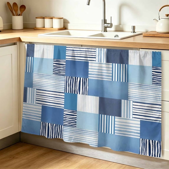 Blue Stripes Blocks Cabinet Curtain, Abstract Coastal Patchwork Ticking ...
