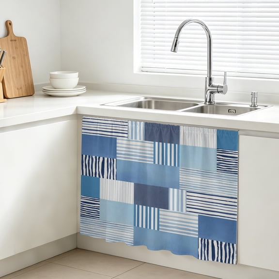 Blue Stripes Blocks Cabinet Curtains for Kitchen 28"W x 35"L, Abstract Coastal Patchwork Ticking Stripes Farmhouse Sink Skirt Magic Tape Short Curtain Decorative Privacy Panel for Bathroom Laundry