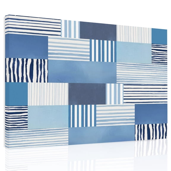 Blue Stripes Blocks Canvas Print Wall Art, Abstract Coastal Patchwork Ticking Stripes Wall Decor Modern Artwork Paintings Pictures for Living Room Framed and Stretched Ready to Hang 12" x 16"