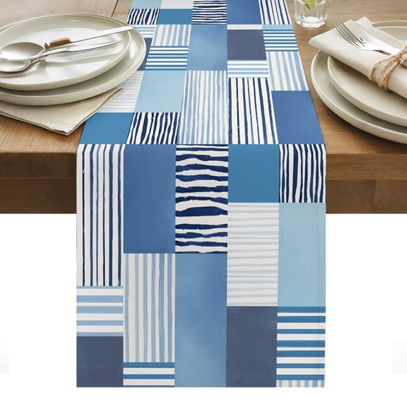 Blue Stripes Blocks Cotton Linen Table Runner Abstract Coastal Patchwork Ticking Stripes Dining Table Runners for Home Decor Party Dining Room Restaurant Kitchen Party 13" x 48"