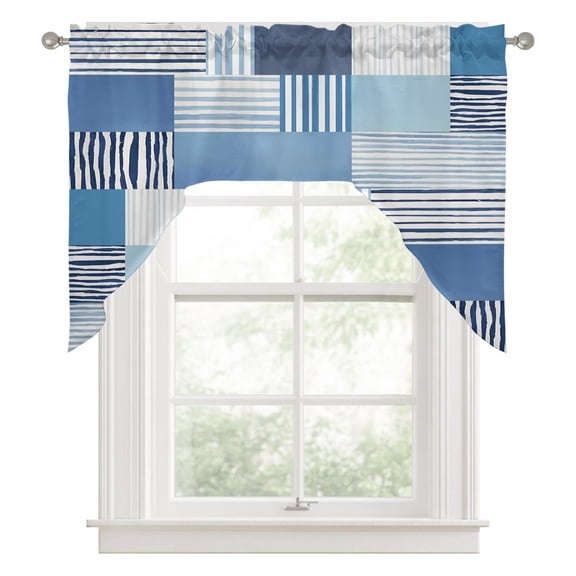 Blue Stripes Blocks Swag Valance for Windows, Abstract Coastal Patchwork Ticking Stripes Swag Curtains Valances for Small Window Treatment Rod Pocket for Kitchen Bathroom 1 Panel 56x36in