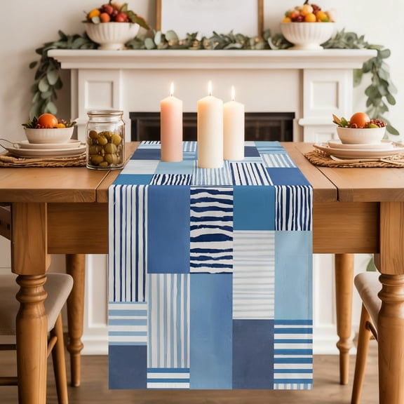 Blue Stripes Blocks Table Runner 13x36 Inch Abstract Coastal Patchwork Ticking Stripes Cotton Linen Dining Table Runner Ideal for Dresser Kitchen Coffee Tables - Machine Washable