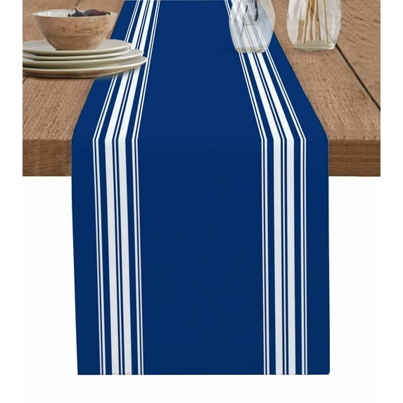 Blue Stripes Burlap-Cotton Table Runner 72 Inches Long,Farmhouse Modern White Vertical Lines Farmhouse Table Runners,Outdoor Dining Tablecloths Decor for Baby Shower Party Wedding 18x72