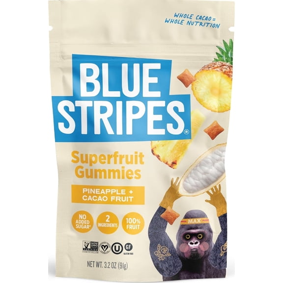 Blue Stripes Cacao Superfruit Gummies - Vegan Chewy Fruity Snack, No Sugar Added 100% Fruit Gummy, 9 Essential Vitamins & Minerals, Natural Tropical Superfood - Pineapple & Cacao Fruit, 3.2oz