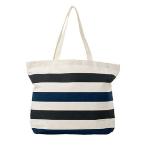Planet E Deluxe Reusable Canvas Shopping Bag, Striped Grocery Tote Bag, Beige/Navy