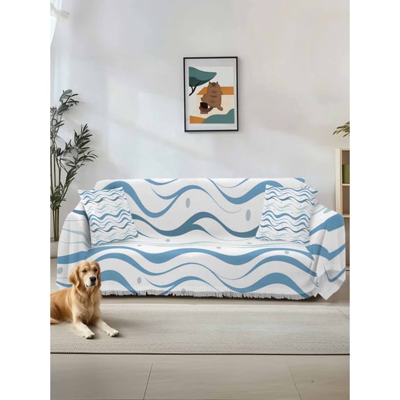 Blue Stripes Couch Cover for Dogs, Modern Gradient Abstract Ocean Waves Lines Washable Sofa Covers Slipcover for Pets Dogs Futon Cover, Couch Recliner Covers, Oversized Chair Slipcover 71"x91"