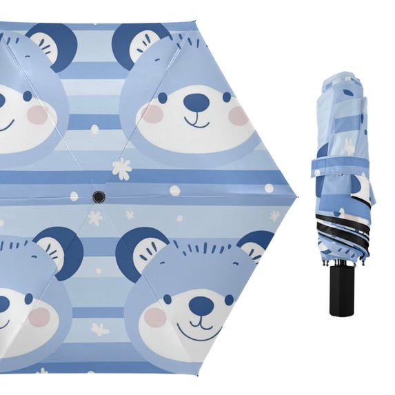 Blue Stripes Cute Bear Faces Dot Flowers All Weather Umbrella Triple Folding Parasol 6 Ribs UV Protection Portable