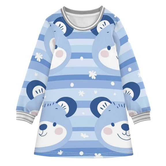Blue Stripes Cute Bear Faces Dot Flowers Long-sleeved Dress A-line Dress for 2-8 Years Casual Party 2T