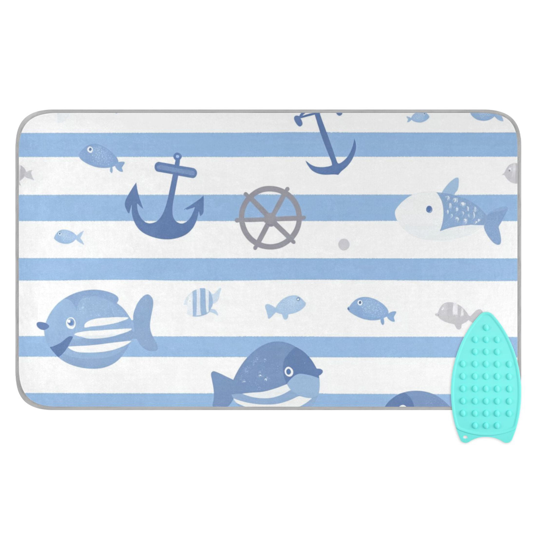 Blue Stripes Fishes Kellges Cute Ironing Mat Blanket Portable Travel Ironing Pad Heat Resistant Pad 47.2" x 27.6”