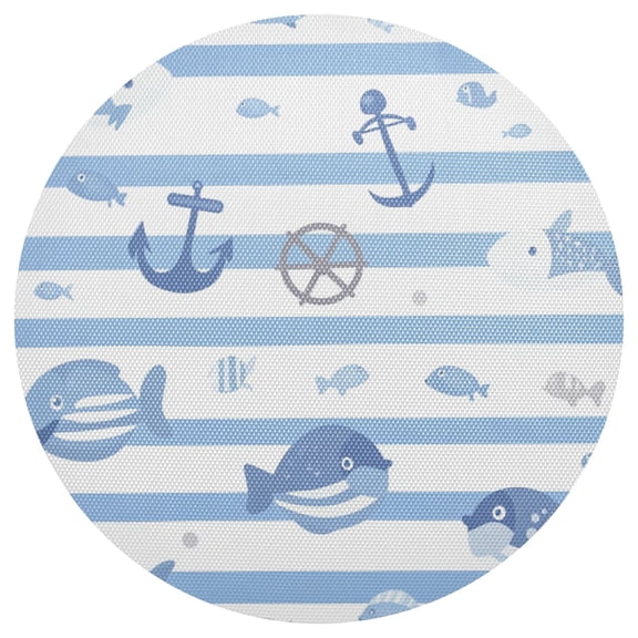 Blue Stripes Fishes Kellges Cute PVC Round Grid Placemat Table Mat 1 Pc 15.4" x 15.4"