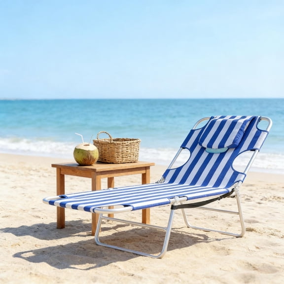 Blue Stripes Folding Outdoor Sun Lounger 5-Position Adjustable Reclining Chair with Face Cavity Carry Strap Side Pocket