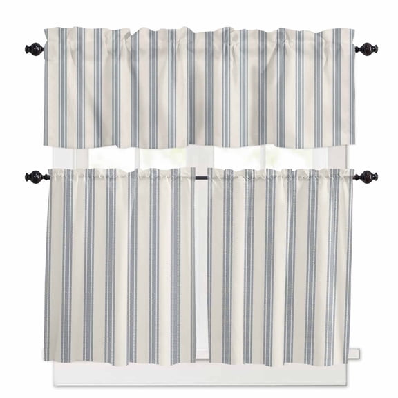 Blue Stripes Kitchen Curtain Set, Minimalist Modern Striped Geometric Window Valance and Tiers 36" Length, Light Filtering Short Curtains Valance for Cafe Bathroom Bedroom 54"x18"