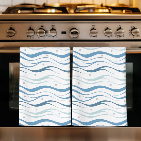Blue Stripes Kitchen Towels Set of 2, Modern Gradient Abstract Ocean Waves Lines Absorbent Dish Towels for Kitchen, Microfiber Hand Towel, Quick Drying Tea Towel for Cleaning Decorative Dishcloths