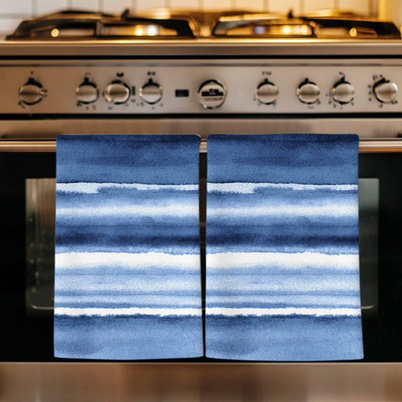 Blue Stripes Kitchen Towels Set of 4, Watercolor Retro Ombre Abstract Tie Dye Art Absorbent Dish Towels for Kitchen, Microfiber Hand Towel, Quick Drying Tea Towel for Cleaning Decorative Dishcloths
