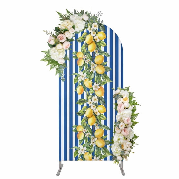 Blue Stripes Lemon Arch Backdrop Cover 4FT, Spring Fruit Flowers Leaves Line Spandex Fitted Stretchy Arch Stand Covers, Round Top Chiara Backdrop Cover for Wedding Party Birthday Baby Shower