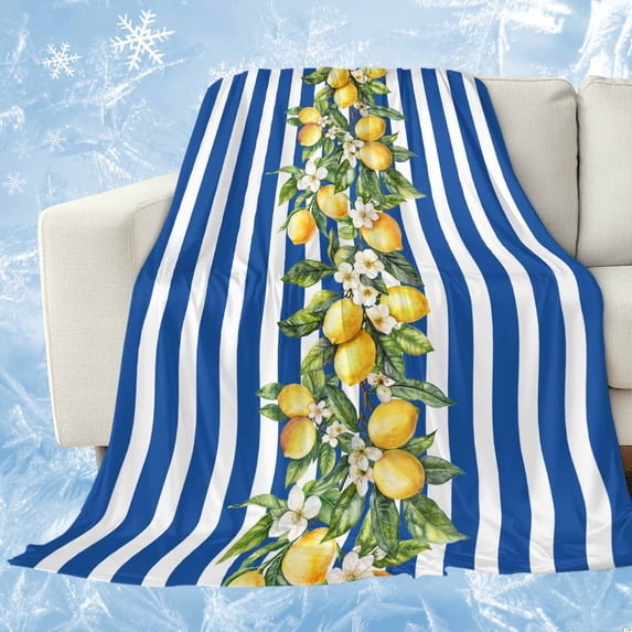 Blue Stripes Lemon Cooling Blanket,Lightweight Breathable Summer Throw Blanket with Double Sided Cold Effect,Spring Fruit Flowers Leaves Line Picnic Blankets Bed Sheet for Hot Sleepers 50"x60"