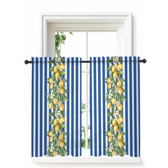 Blue Stripes Lemon Curtains 45 Inch Length, Sheer Curtains for Bedroom Living Room Window Spring Fruit Flowers Leaves Line Rod Pocket Voile Drapes Kitchen Curtains Small Half Window 52"x45" 2 Panels