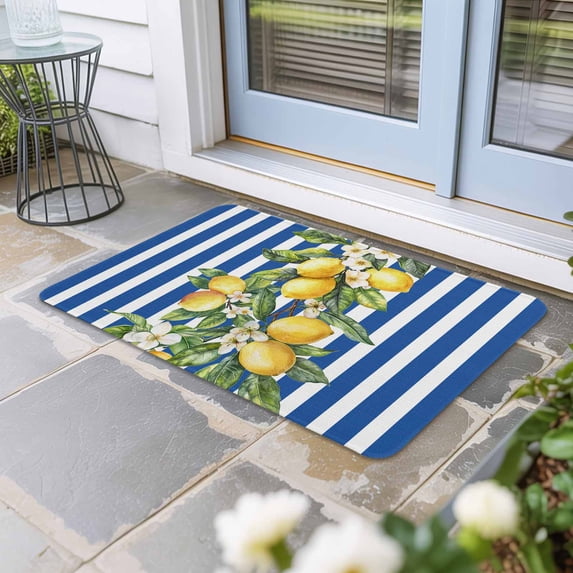Blue Stripes Lemon Door Mat Indoor Outdoor, Spring Fruit Flowers Leaves Line Non Slip Welcome Mat with Rubber Backing, Absorbent Fabric Front Door Mats Entryway Rug for Home Patio Entrance 20"x31.5"