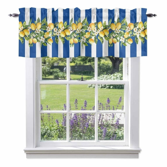 Blue Stripes Lemon Kitchen Curtain Valances for Windows Farmhouse Short ...