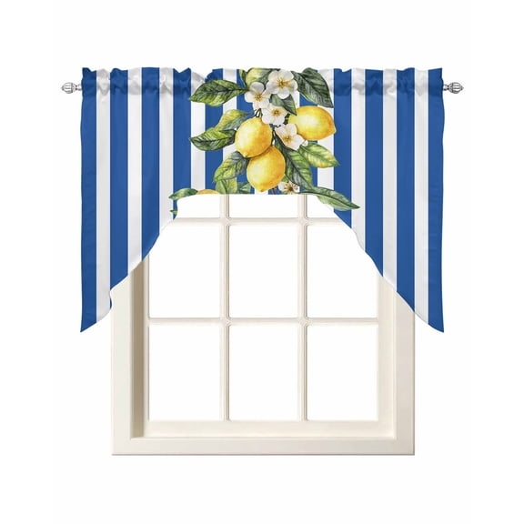 Blue Stripes Lemon Kitchen Curtains Swag Valance for Windows/Bathroom/Cafe, Spring Fruit Flowers Leaves Line Rod Pocket Drape Panel Swag Curtain Valance for Bedroom/Living Room 55''x36''