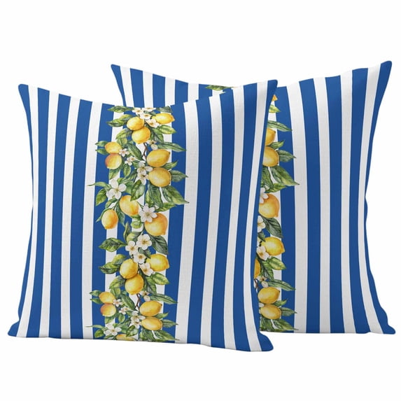 Blue Stripes Lemon Outdoor Waterproof Pillow Covers, Spring Fruit Flowers Leaves Line Decorative Square Throw Pillowcase Sofa Cushion Sham for Patio/Couch/Chair, 24"x24" 2 Pack