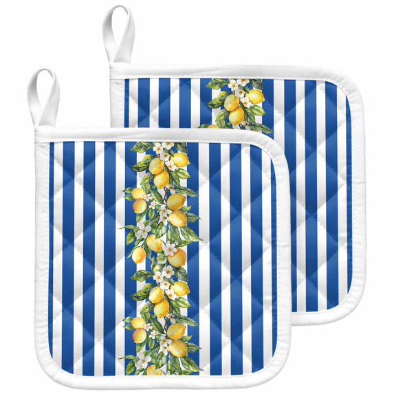 Blue Stripes Lemon Pot Holders for Kitchen Heatproof Potholder, 2 Pack Spring Fruit Flowers Leaves Line Hot Pads Multipurpose Oven Pads Cloth Potholders Trivet for Cooking and Baking