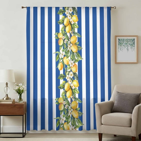 Blue Stripes Lemon Sheer Curtains 96 Inches Long, Spring Fruit Flowers Leaves Line Light Filering Curtains, Privacy Drapes Simi Floor to Veiling Curtain for Living Room Bedroom Large Window Treatment