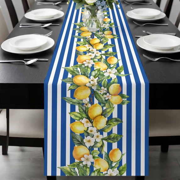Blue Stripes Lemon Table Runner 36 Inches Long, Spring Fruit Flowers Leaves Line Kitchen Coffee Dining Table Decoration for Home Party Birthday Wedding Home Decor 13x36 Inches