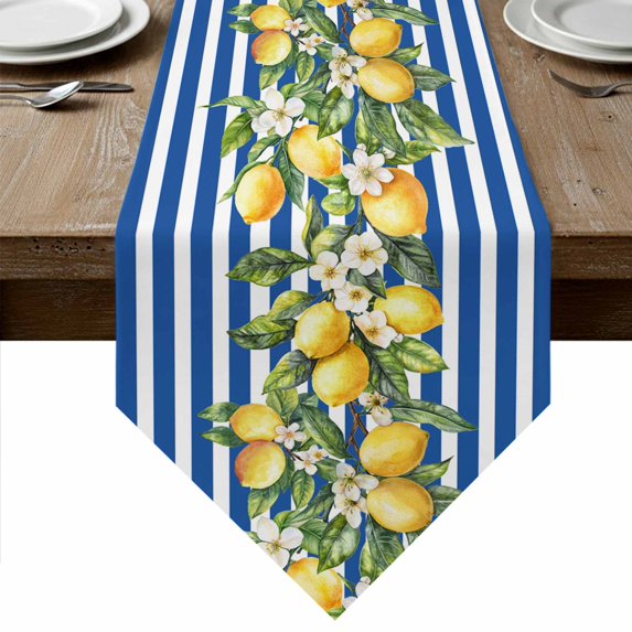 Blue Stripes Lemon Table Runner Linen Burlap Table Runner 70 Inches Long Spring Fruit Flowers Leaves Line Dresser Scarves for Kitchen Island Coffee Dining Party Wedding Banquet Holiday Decor 13"x70"