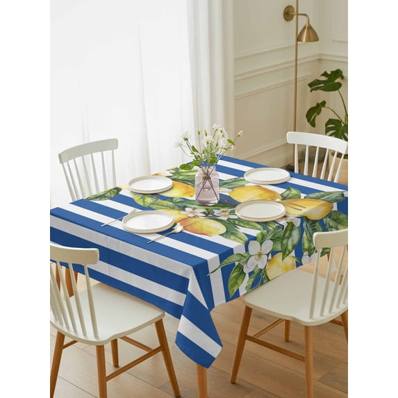 Blue Stripes Lemon Tablecloth Rectangle Table Cloth 60x84, Waterproof Tablecloth Outdoor Table Cloth, Spring Fruit Flowers Leaves Line Washable Table Cover for Kitchen Dinning Party