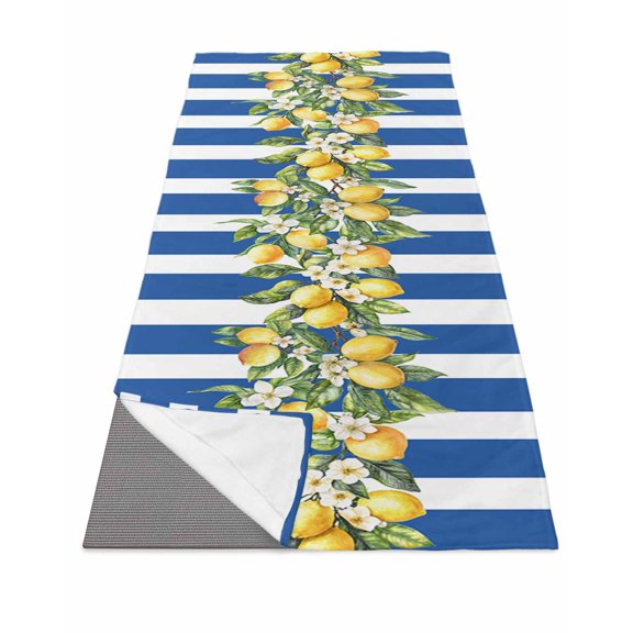 Blue Stripes Lemon Yoga Towel for Hot Yoga Non Slip, Spring Fruit Flowers Leaves Line Yoga Mat Towel Absorbent Yoga Sweat Towels Microfiber Hot Yoga Blanket for Bikram Pilates 26"x70"