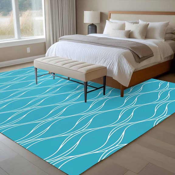 Blue Stripes Line 6x9 Rug for Dining Room Table and Chair Setup, Country Abstract Art Waves Striped Classic Low Pile Washable Non Slip Rectangle Area Rug