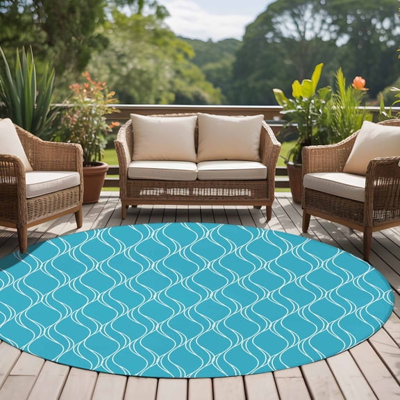 Blue Stripes Line 8ft Round Rug for Open Concept Living Room Seating Zone, Country Abstract Art Waves Striped Classic Washable Non Slip Large Circle Area Rug