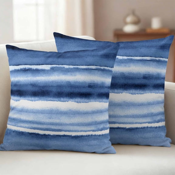 Blue Stripes Outdoor Waterproof Throw Pillow Covers 24x24 Set of 2, Watercolor Retro Ombre Abstract Tie Dye Art Decorative Pillowcases Cushion Pillowcase for Couch Sofa Patio Outside Pillow Protector