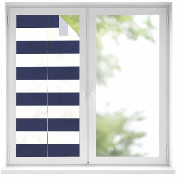 Blue Stripes Privacy Window Film, Decorative Frosted Glass Window Film, Simple Blue White Texture Reusable Peel and Stick Static Cling for Home Bathroom Office Glass Door 17.7"x39.3"