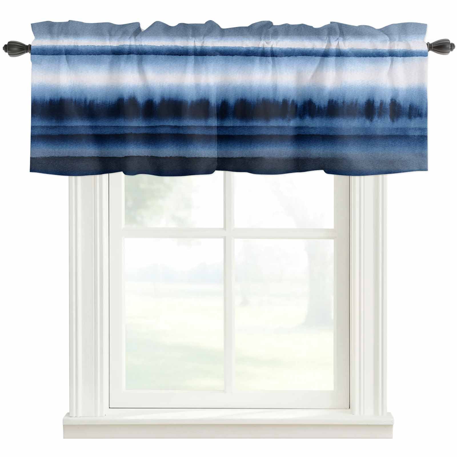 Blue Stripes Rod Pocket Curtain Valance, Watercolor Vintage Abstract ...