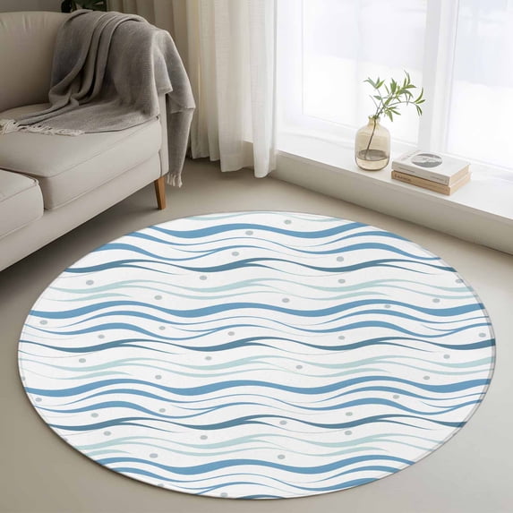 Blue Stripes Round Rug 4ft Washable Circle Entryway Rugs Non Slip Modern Gradient Abstract Ocean Waves Lines Area Rug Indoor Floor Carpet for Bedroom Kitchen Living Room Home Office Dining Room