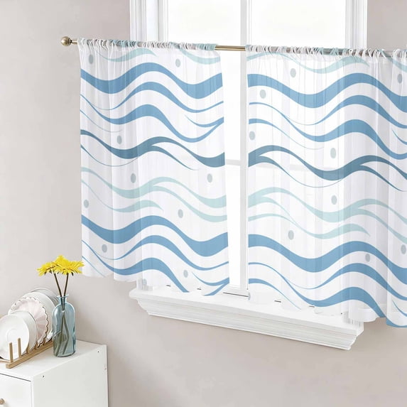 Blue Stripes Sheer Curtains 54 Inch Length 2 Panels Set Window Treatments, Modern Gradient Abstract Ocean Waves Lines Rod Pocket Semi Curtains for Living Room/Bedroom/Kitchen Décor, 104"W x 54"L
