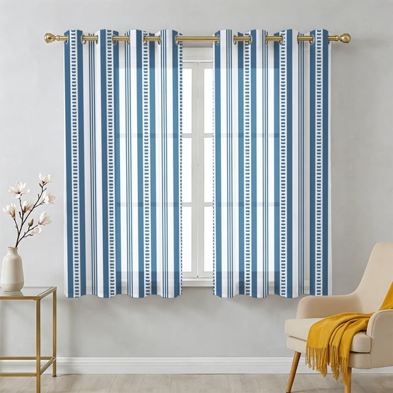Blue Stripes Sheer Curtains 54 Inch Long 2 Panels, Classic Minimalist ...