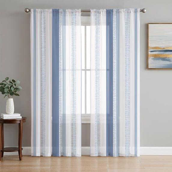Blue Stripes Sheer Curtains 84 Inches Long, Modern Minimalist Vertical Stripes Pattern Light Filtering Window Curtains for Living Room, Rod Pocket Voile Sheer Curtain Drapes, 52"W x 84"L, 2 Panels